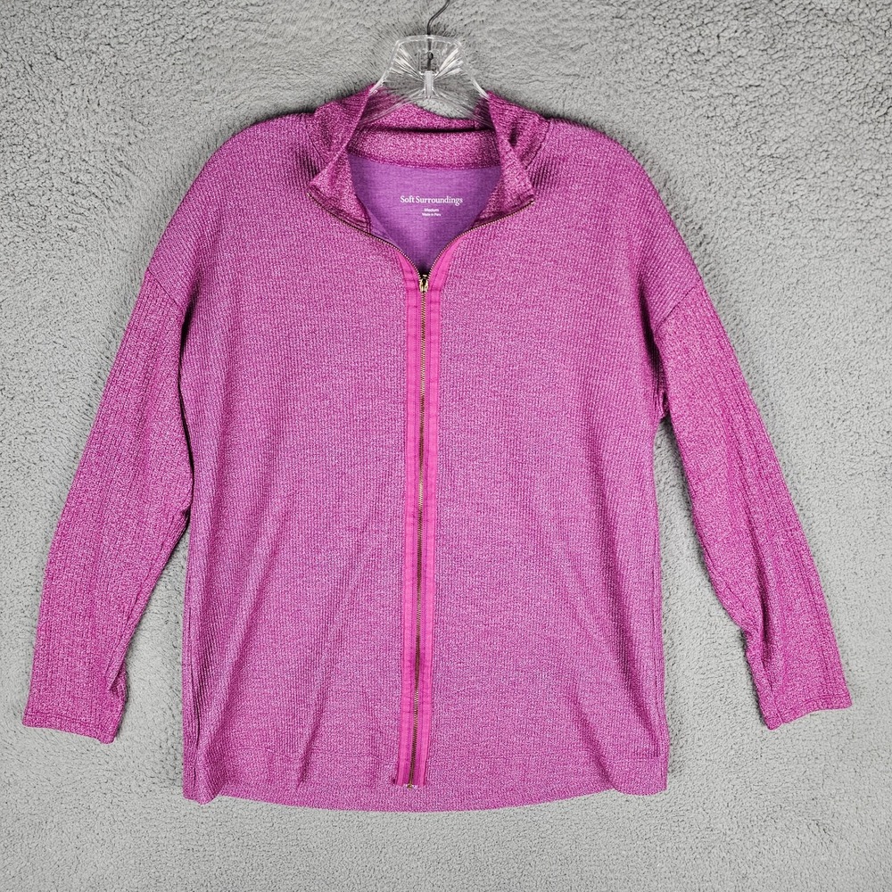 Soft Surroundings Cardigan Women Medium Purple Ribbed Full Zip Preppy 2EL32